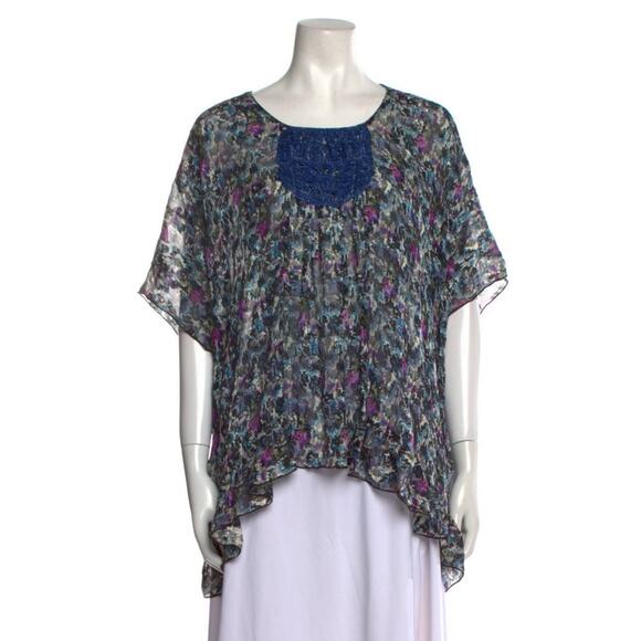 Anna Sui Oversized Silk Chiffon Floral Blouse Top Womens Medium Made in USA Blue - Picture 1 of 11